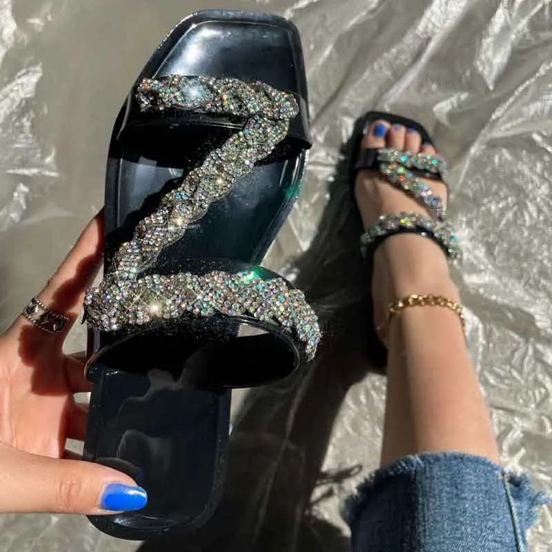 Clear Rhinestone Square Toe Z Strap Flat Sandals
