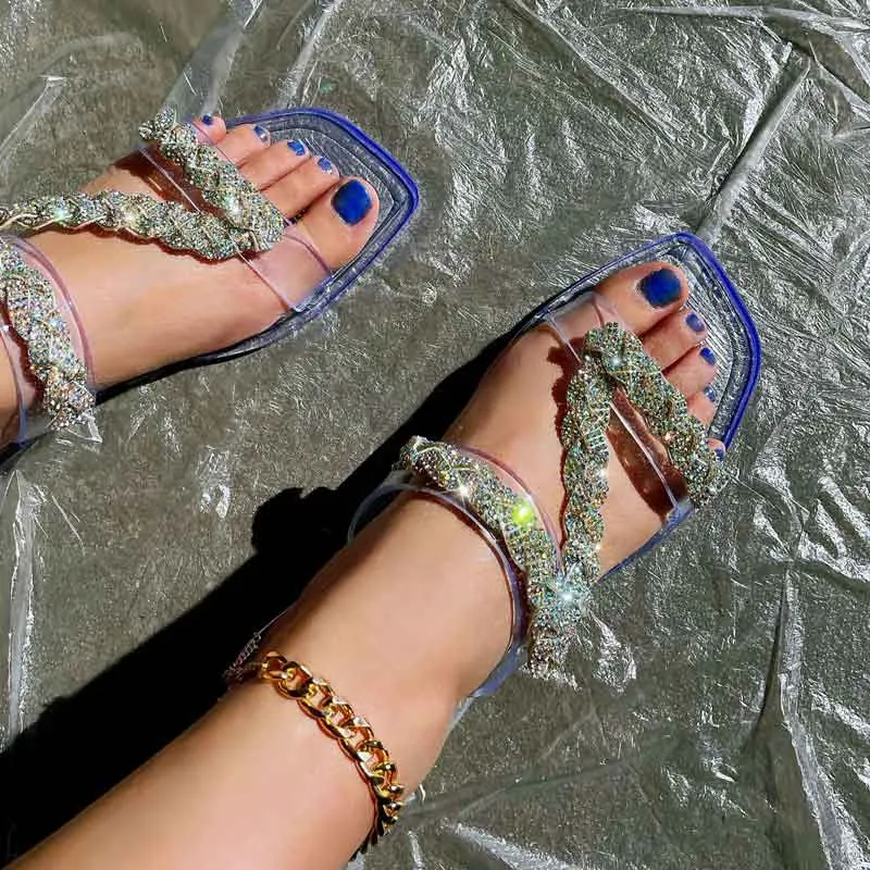 Clear Rhinestone Square Toe Z Strap Flat Sandals