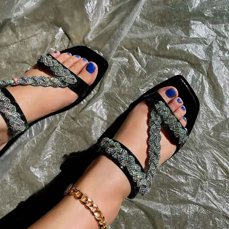 Clear Rhinestone Square Toe Z Strap Flat Sandals