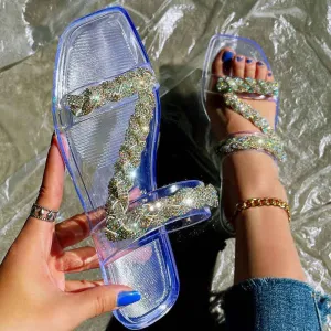 Clear Rhinestone Square Toe Z Strap Flat Sandals