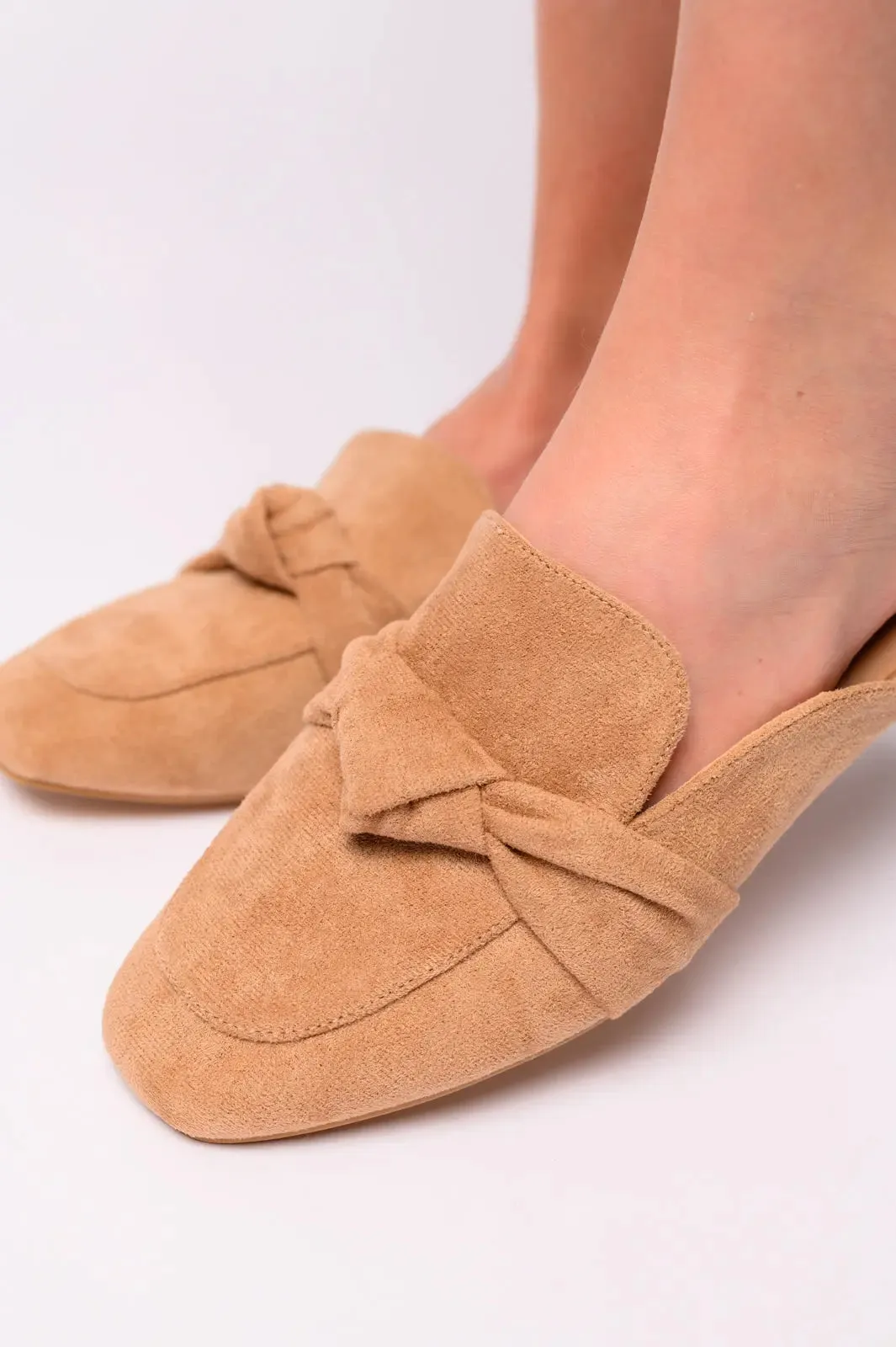 Clingy Mules in Camel Faux Suede