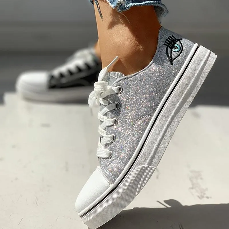 Colorblock Eyes Pattern Eyelet Lace-Up Casual Sneakers