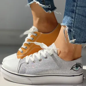 Colorblock Eyes Pattern Eyelet Lace-Up Casual Sneakers