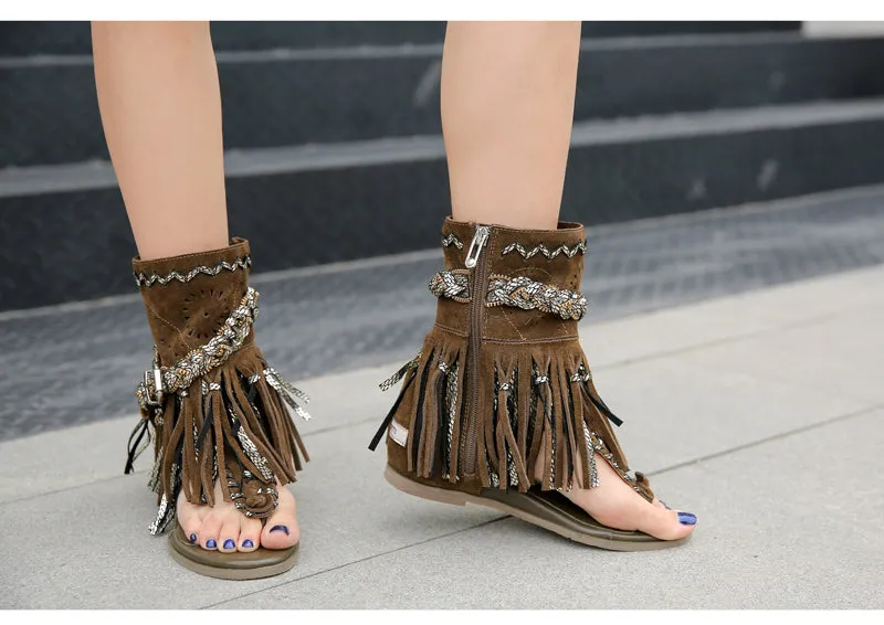 cow suede hollow tassel flat gladiator sandal women fashion summer short boots retro style flip flop sandal khaki