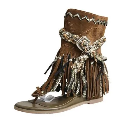 cow suede hollow tassel flat gladiator sandal women fashion summer short boots retro style flip flop sandal khaki