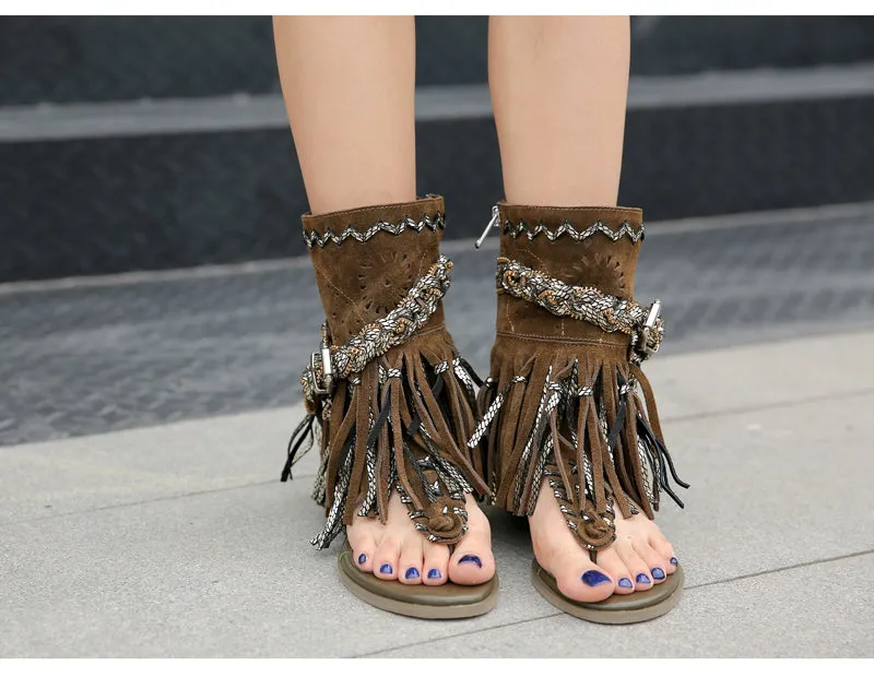 cow suede hollow tassel flat gladiator sandal women fashion summer short boots retro style flip flop sandal khaki