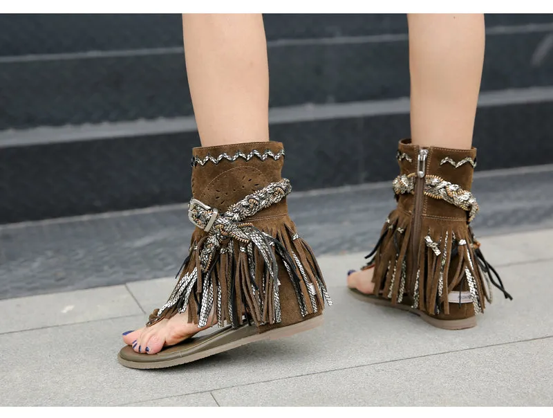 cow suede hollow tassel flat gladiator sandal women fashion summer short boots retro style flip flop sandal khaki