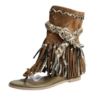 cow suede hollow tassel flat gladiator sandal women fashion summer short boots retro style flip flop sandal khaki