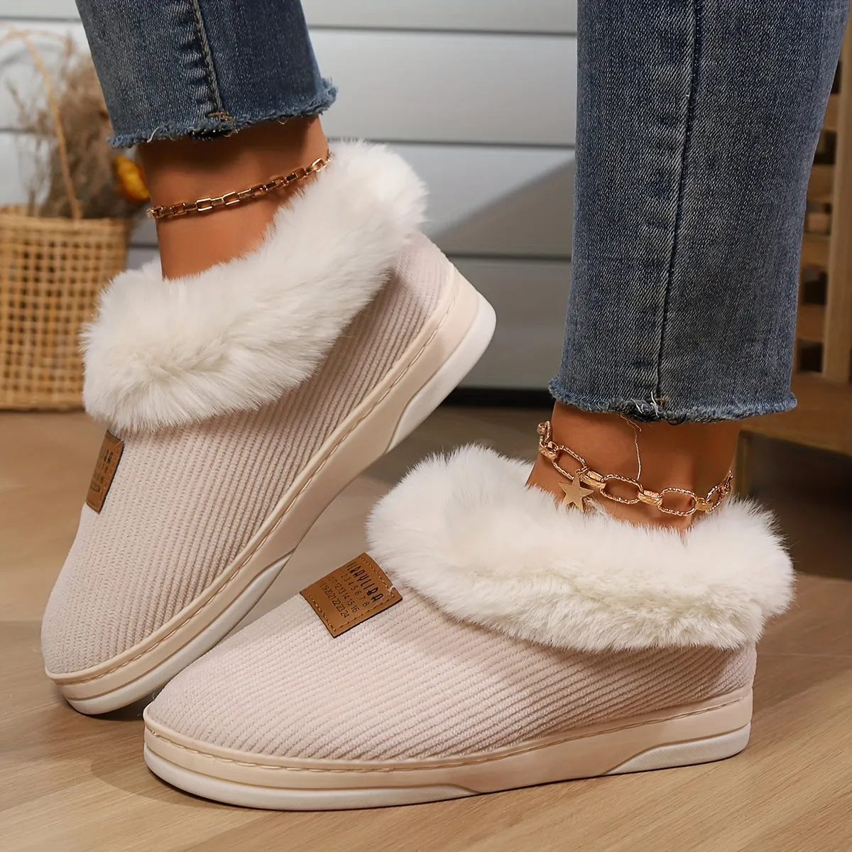 Cozy Beige Fur-Lined Slippers for Women - Soft Non-Slip Indoor Shoes