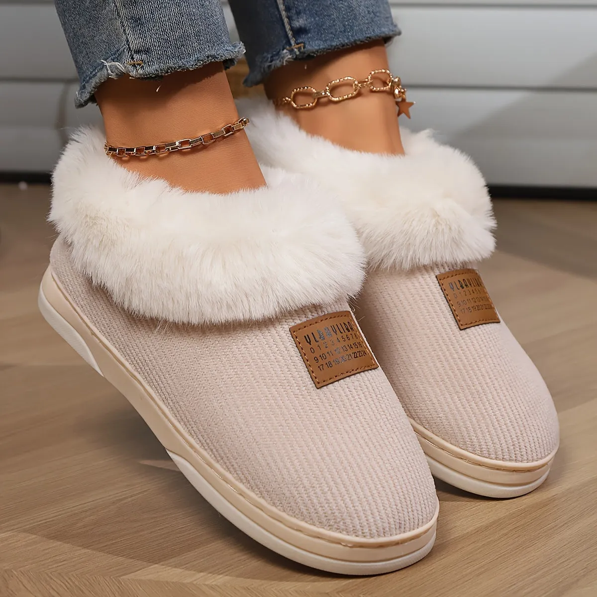 Cozy Beige Fur-Lined Slippers for Women - Soft Non-Slip Indoor Shoes