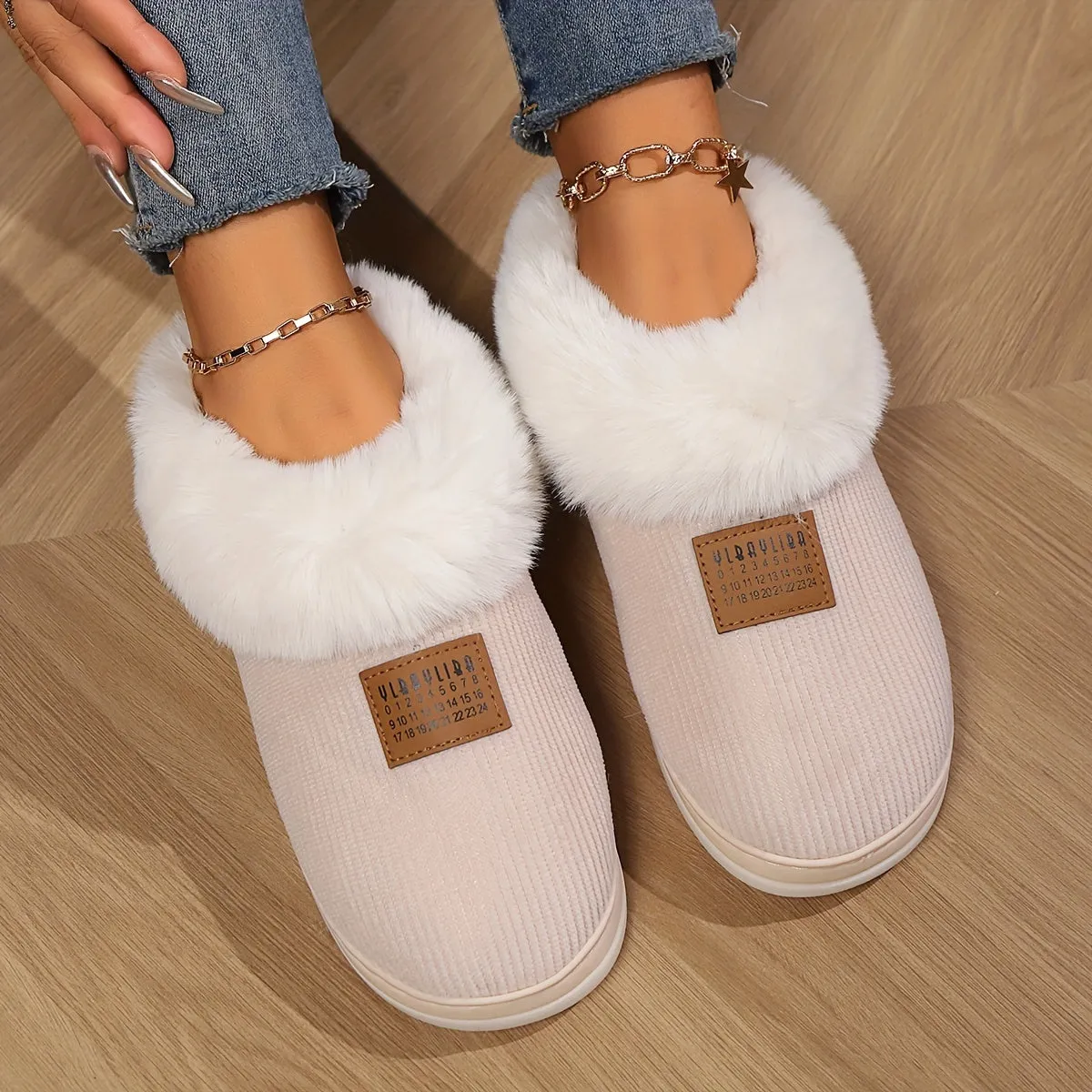 Cozy Beige Fur-Lined Slippers for Women - Soft Non-Slip Indoor Shoes