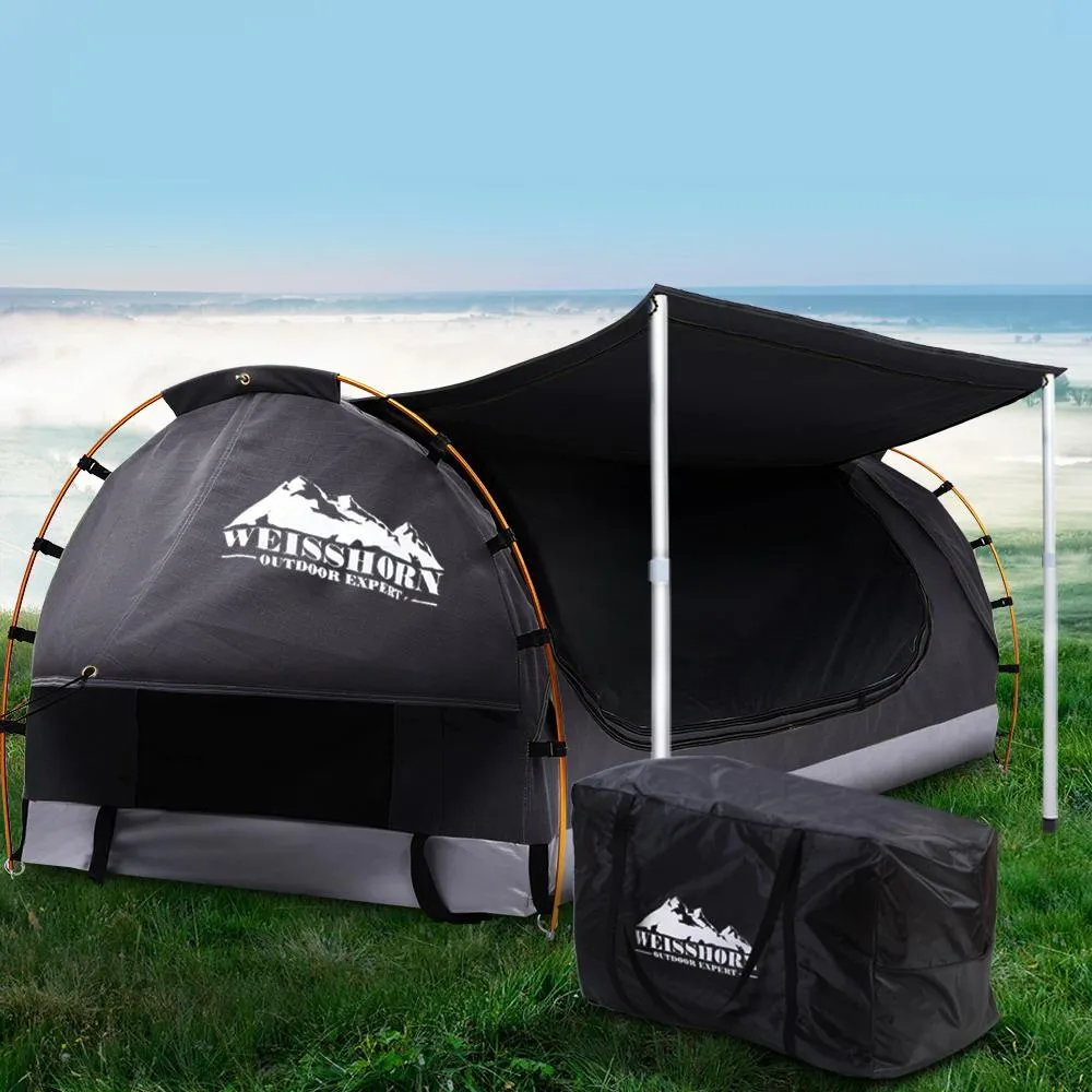 Double Swag Camping Swags Canvas Free Standing Dome Tent Dark Grey with 7CM Mattress