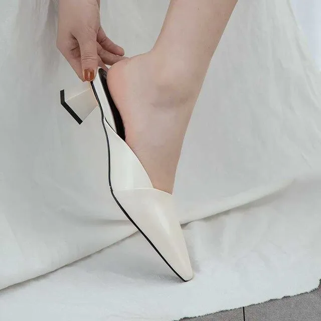 European movie stars genuine leather slip on mules strange style med heels square toe simple style party pumps L01