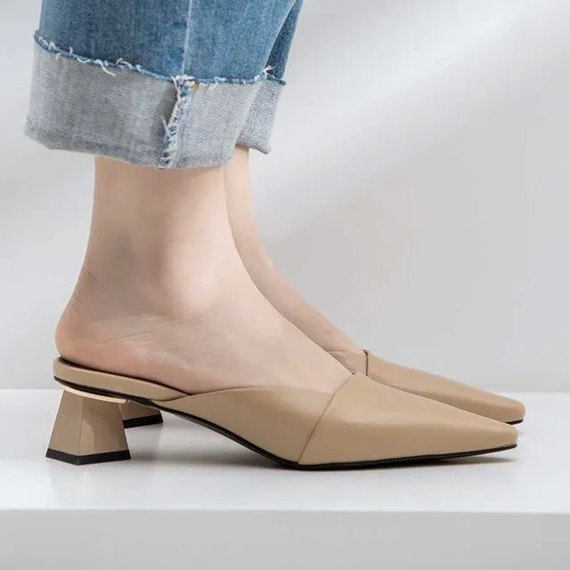 European movie stars genuine leather slip on mules strange style med heels square toe simple style party pumps L01