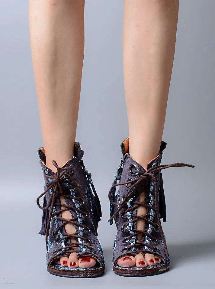 Fashion Hollow Out Tassels Cross Tied Bohemia Sandal Summer Peep Toe Low Heel Women Sandals All-match Female Shoe