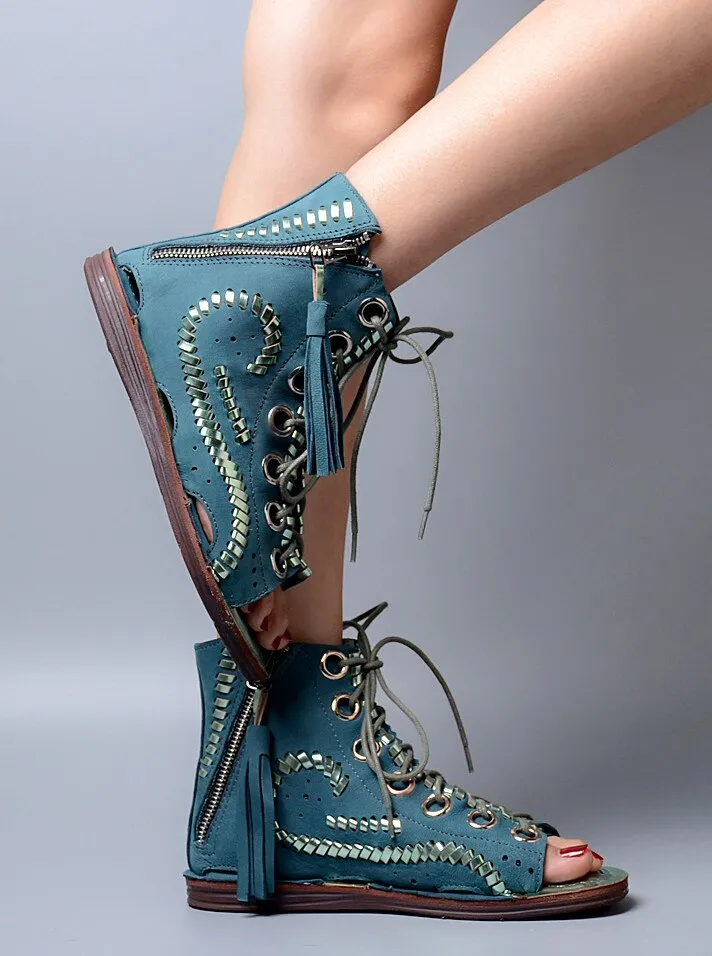 Fashion Hollow Out Tassels Cross Tied Bohemia Sandal Summer Peep Toe Low Heel Women Sandals All-match Female Shoe