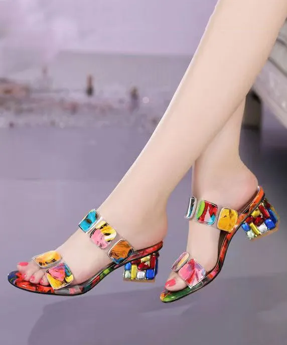 Fashion Multi Color Splicing Chunky Heel Peep Toe Slide Sandals