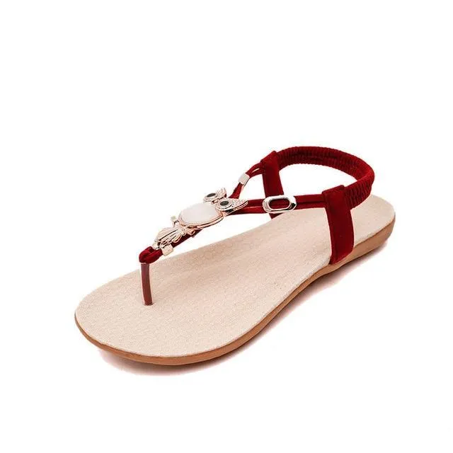 fashion women sandals elastic t-strap bohemia beaded owl slipper flat sandals