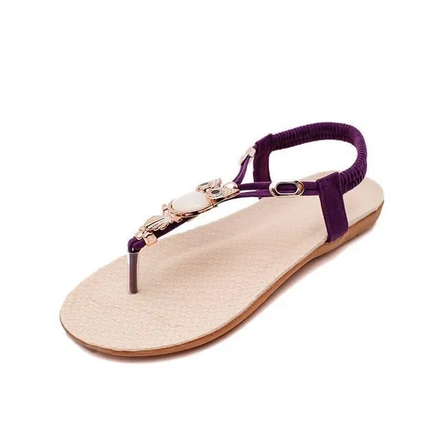 fashion women sandals elastic t-strap bohemia beaded owl slipper flat sandals