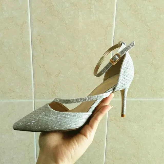 female high heels pointed toe ankle strap  fashion elegant women shoes suede 3 inch thin glitter size 4 34 pumps wine red