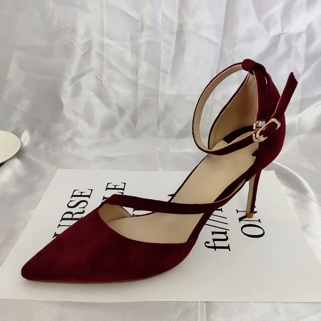 female high heels pointed toe ankle strap  fashion elegant women shoes suede 3 inch thin glitter size 4 34 pumps wine red