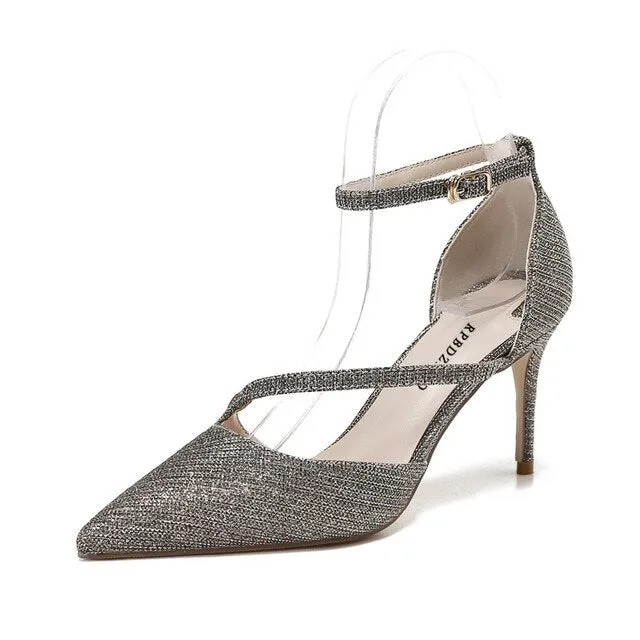 female high heels pointed toe ankle strap  fashion elegant women shoes suede 3 inch thin glitter size 4 34 pumps wine red