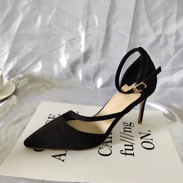 female high heels pointed toe ankle strap  fashion elegant women shoes suede 3 inch thin glitter size 4 34 pumps wine red