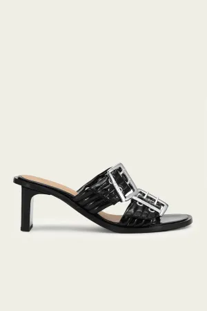 Feminine Buckle Heel Mule Sandal Naplack in Black