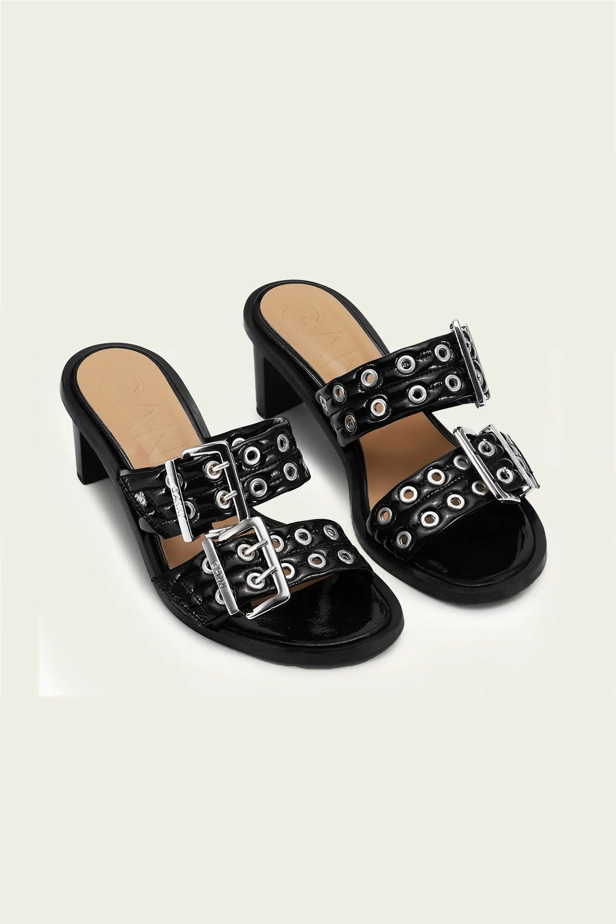 Feminine Buckle Heel Mule Sandal Naplack in Black