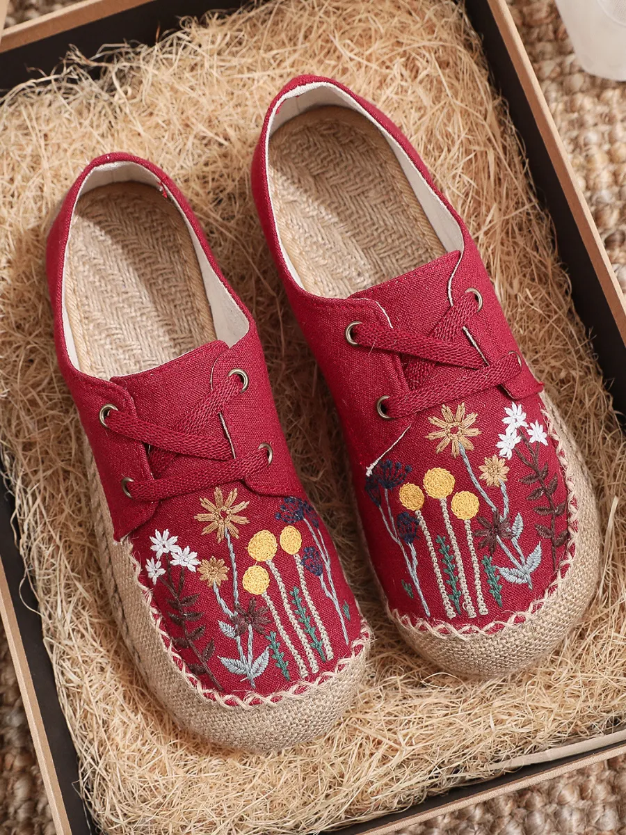 Garden Embroidered Linen Boat Shoes Espadrilles - Red