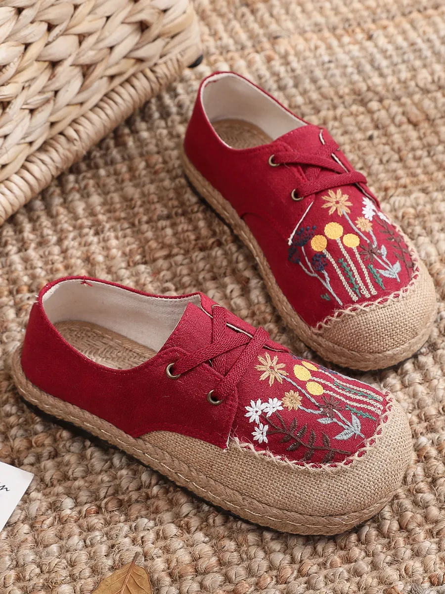 Garden Embroidered Linen Boat Shoes Espadrilles - Red