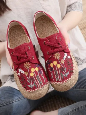Garden Embroidered Linen Boat Shoes Espadrilles - Red