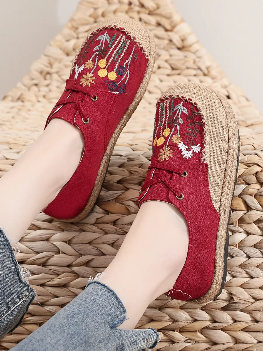 Garden Embroidered Linen Boat Shoes Espadrilles - Red
