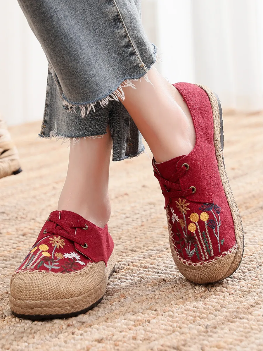 Garden Embroidered Linen Boat Shoes Espadrilles - Red