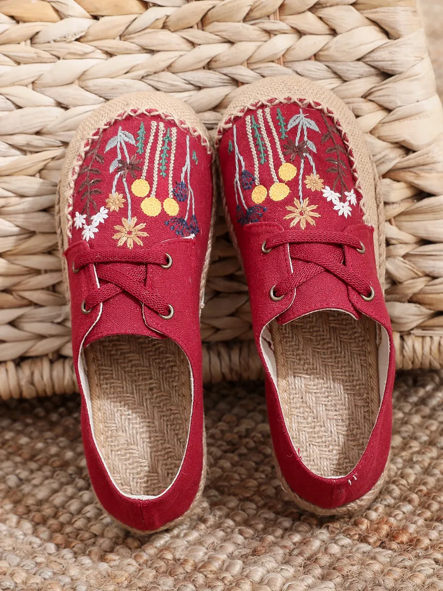 Garden Embroidered Linen Boat Shoes Espadrilles - Red
