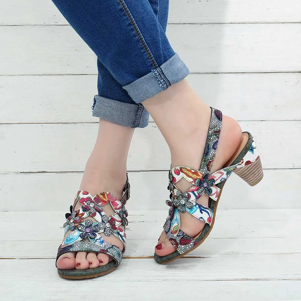 Genuine Leather Sandals Super Comfy Sequined Pattern Floral Veins Hook Loop Elegant Sandals Summer Shoes Women  2019