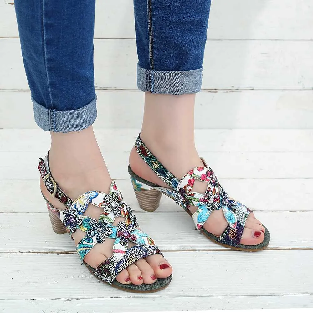 Genuine Leather Sandals Super Comfy Sequined Pattern Floral Veins Hook Loop Elegant Sandals Summer Shoes Women  2019