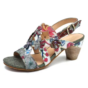 Genuine Leather Sandals Super Comfy Sequined Pattern Floral Veins Hook Loop Elegant Sandals Summer Shoes Women  2019