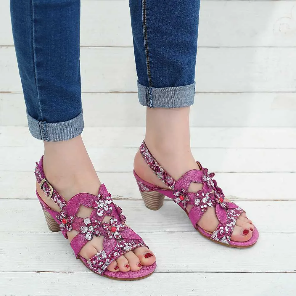 Genuine Leather Sandals Super Comfy Sequined Pattern Floral Veins Hook Loop Elegant Sandals Summer Shoes Women  2019