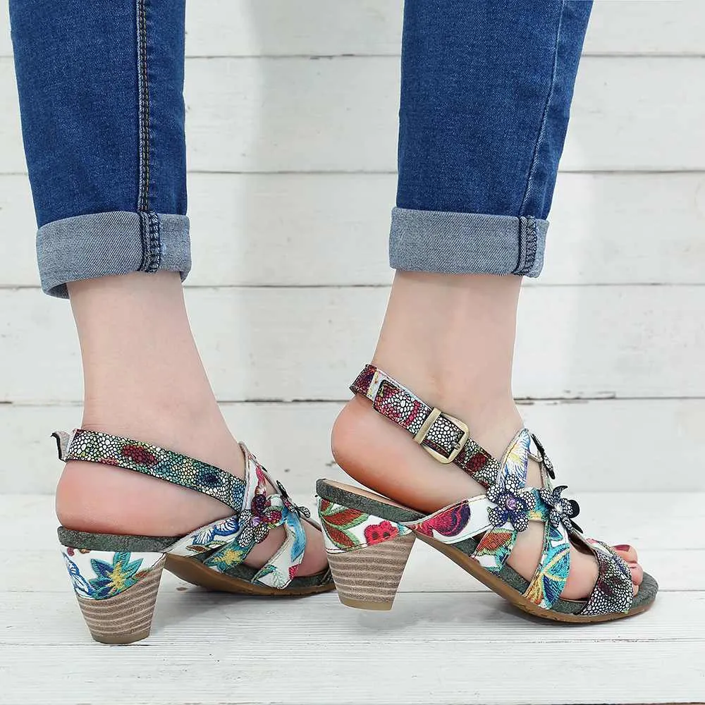 Genuine Leather Sandals Super Comfy Sequined Pattern Floral Veins Hook Loop Elegant Sandals Summer Shoes Women  2019