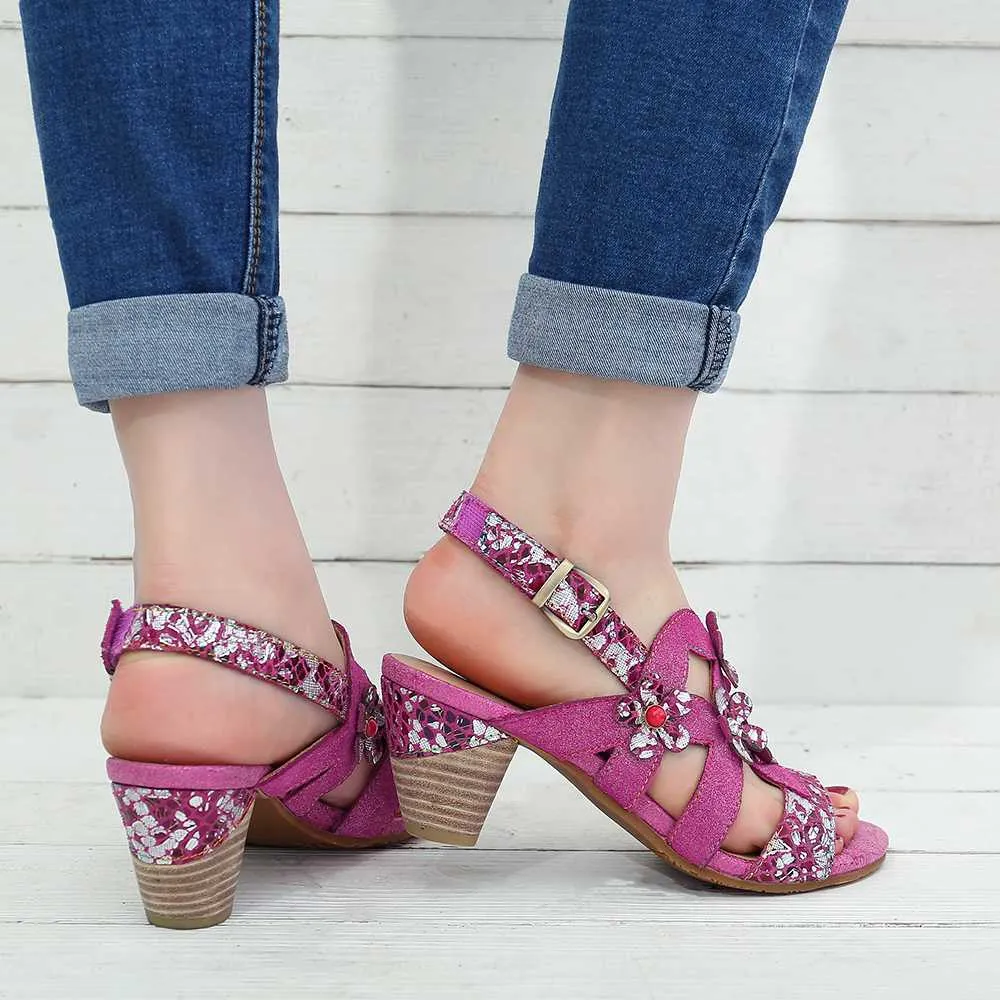 Genuine Leather Sandals Super Comfy Sequined Pattern Floral Veins Hook Loop Elegant Sandals Summer Shoes Women  2019