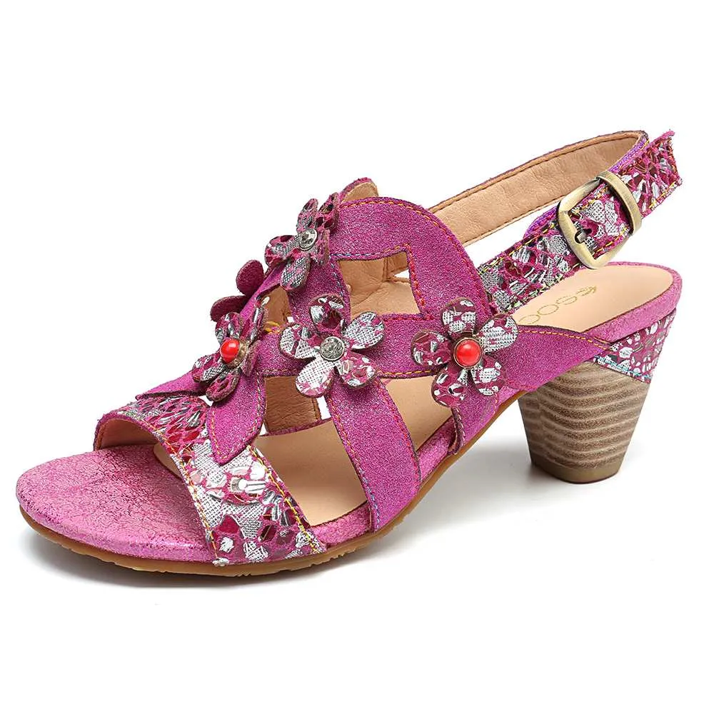 Genuine Leather Sandals Super Comfy Sequined Pattern Floral Veins Hook Loop Elegant Sandals Summer Shoes Women  2019