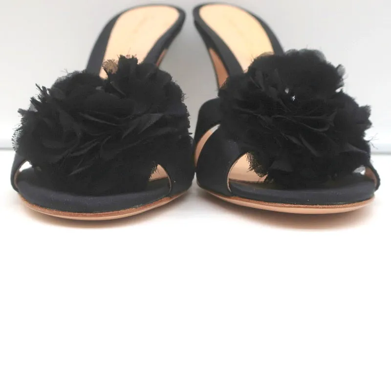 Gianvito Rossi Beaded Flower Mules Black Satin Size 39 Open Toe Heels NEW