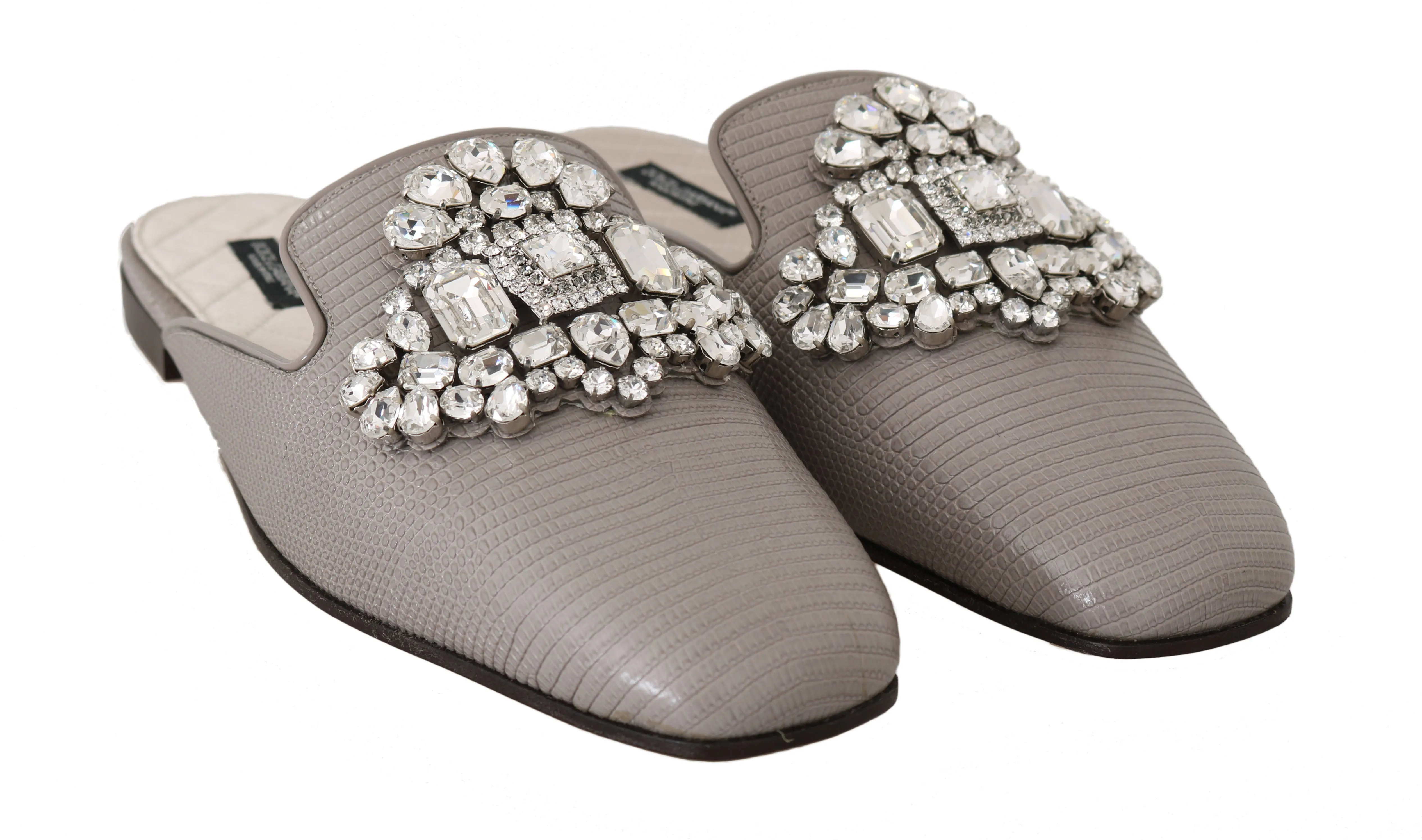 Gray Leather Iguana Crystal Mules