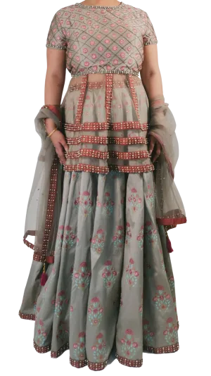 Grey Embroidered Peplum Top Lehenga Set
