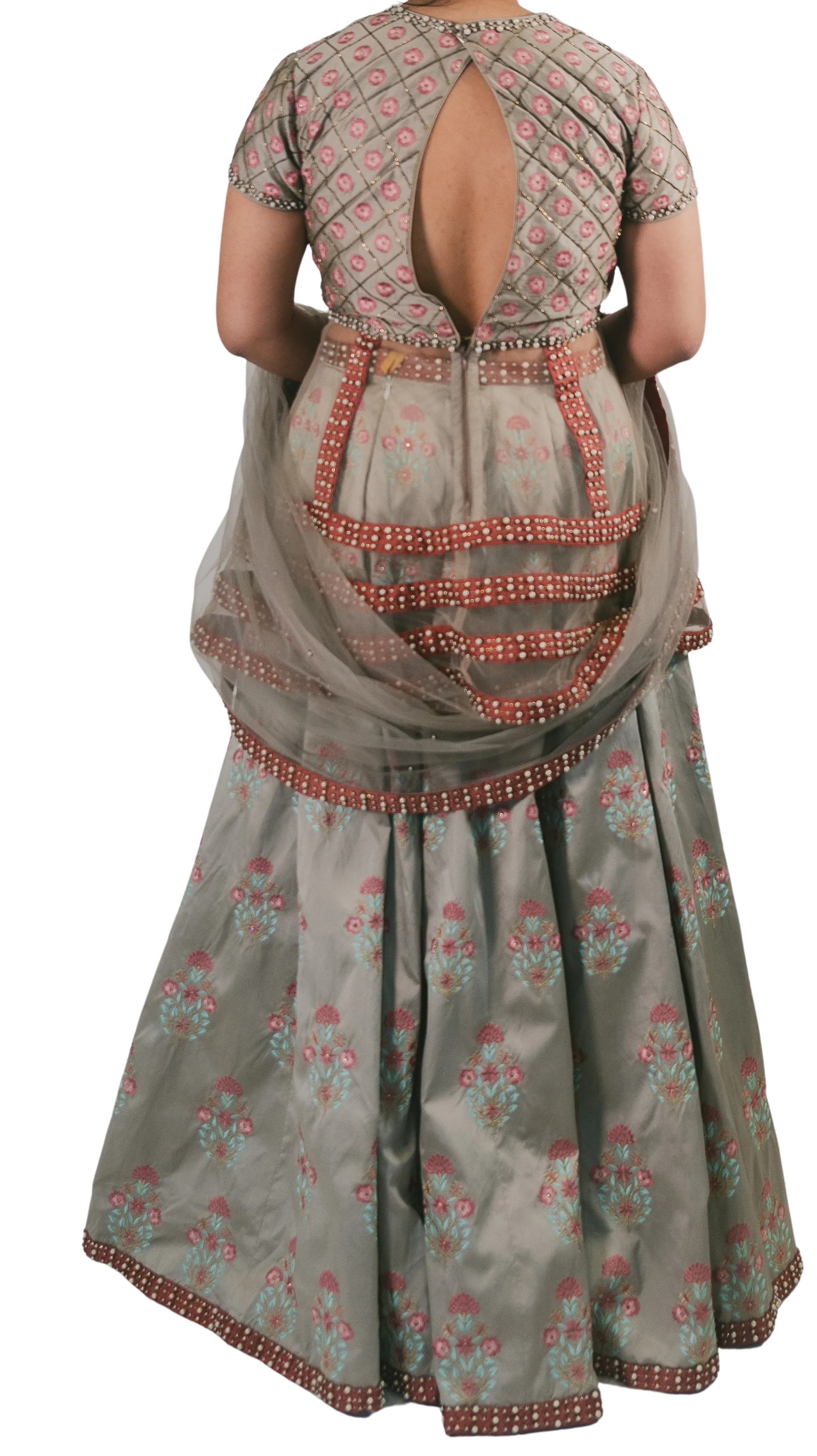 Grey Embroidered Peplum Top Lehenga Set