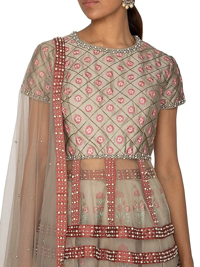 Grey Embroidered Peplum Top Lehenga Set