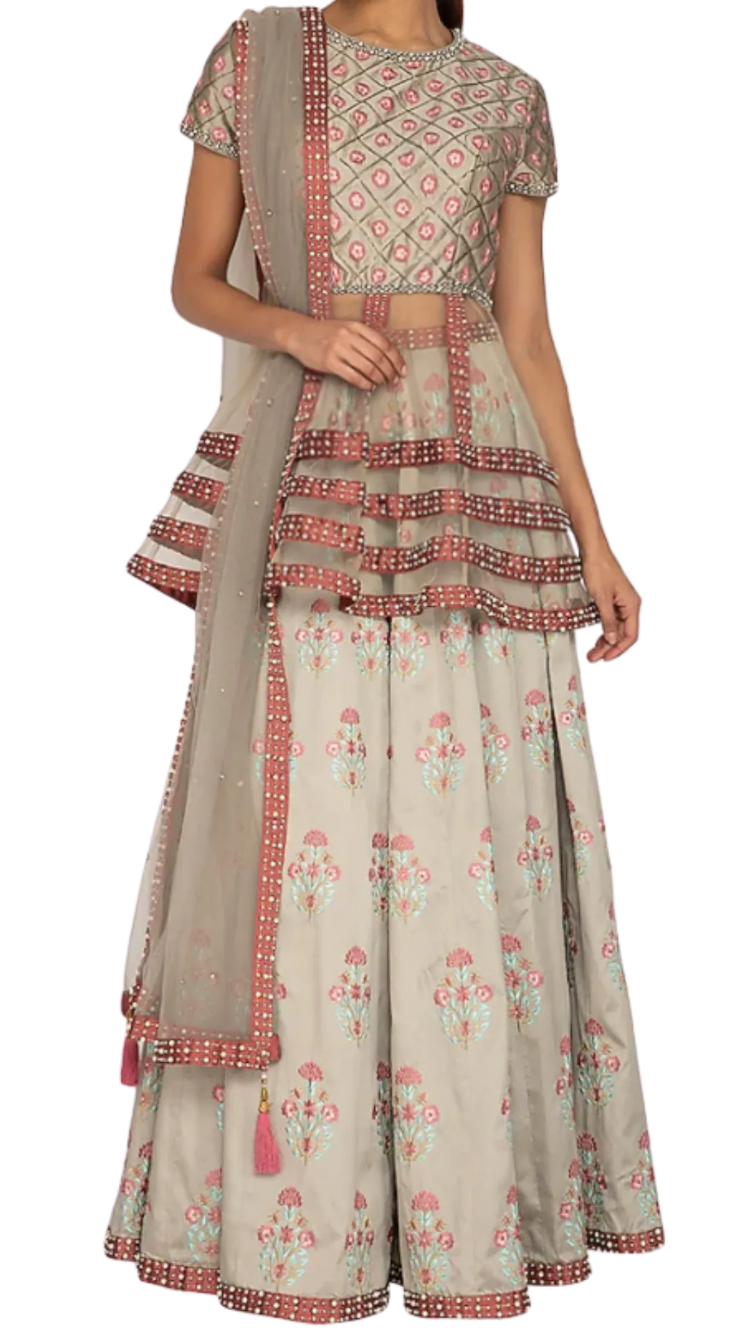 Grey Embroidered Peplum Top Lehenga Set