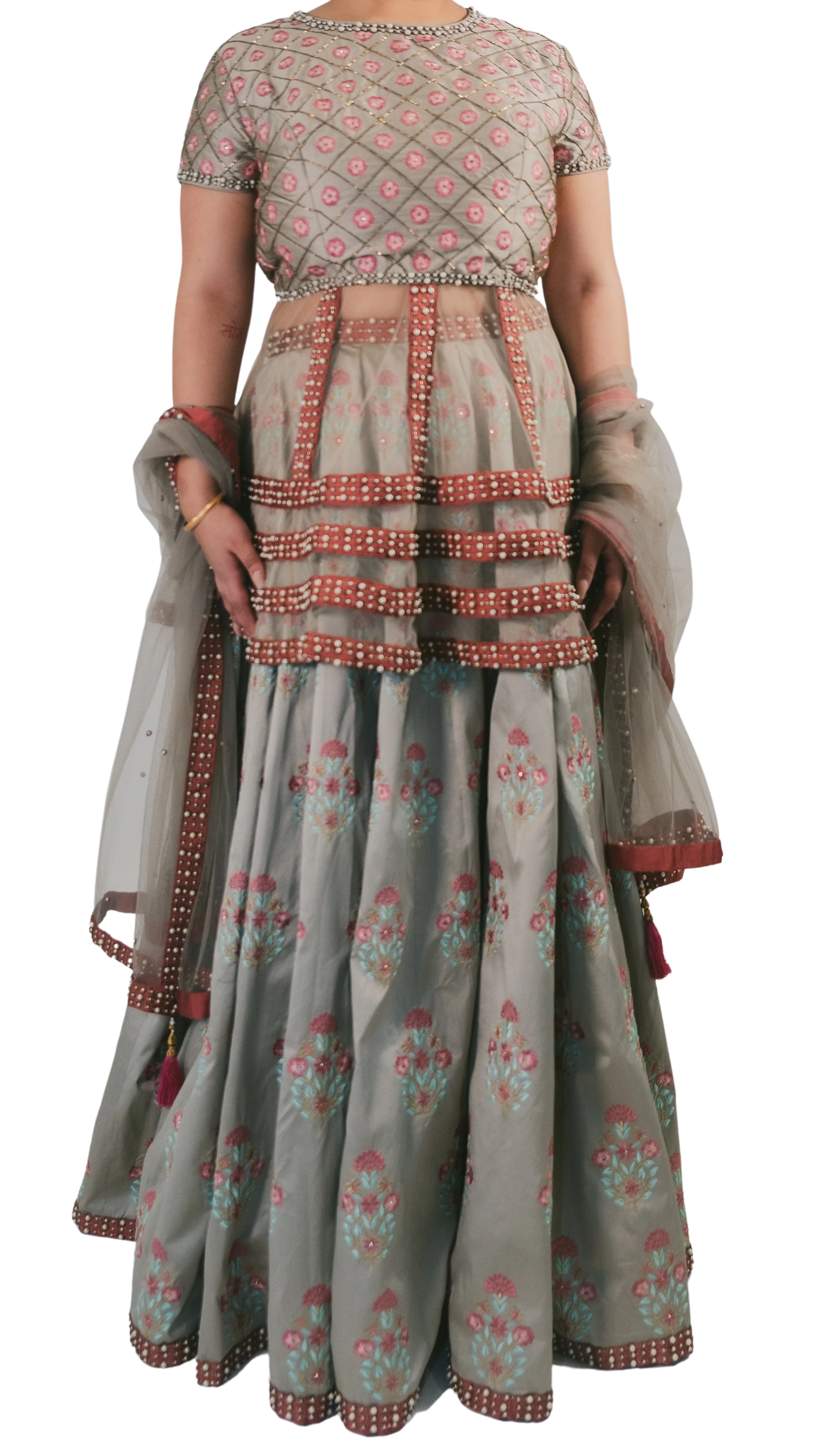 Grey Embroidered Peplum Top Lehenga Set