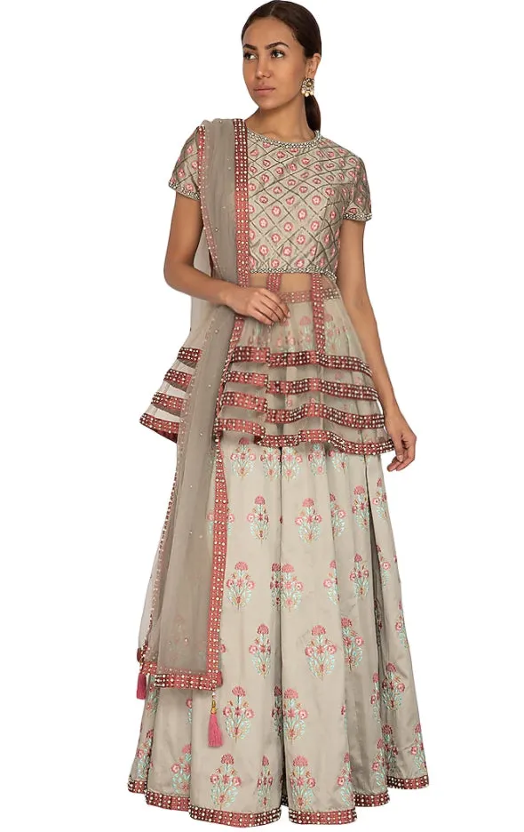 Grey Embroidered Peplum Top Lehenga Set